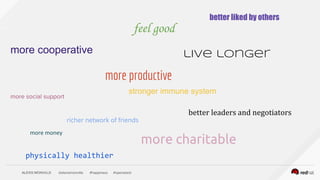 ALEXIS MONVILLE @alexismonville #happiness #openstack
feel good
live longer
more charitable
physically healthier
stronger ...
