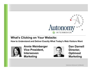 What's Clicking on Your Website:
How to Understand and Deliver Exactly What Today's Web Visitors Want

            Annie Weinberger                            Dan Darnell
            Vice President,                             Director,
            Interwoven                                  Optimost
            Marketing                                   Marketing

                                                    Autonomy Interwoven Confidential
 