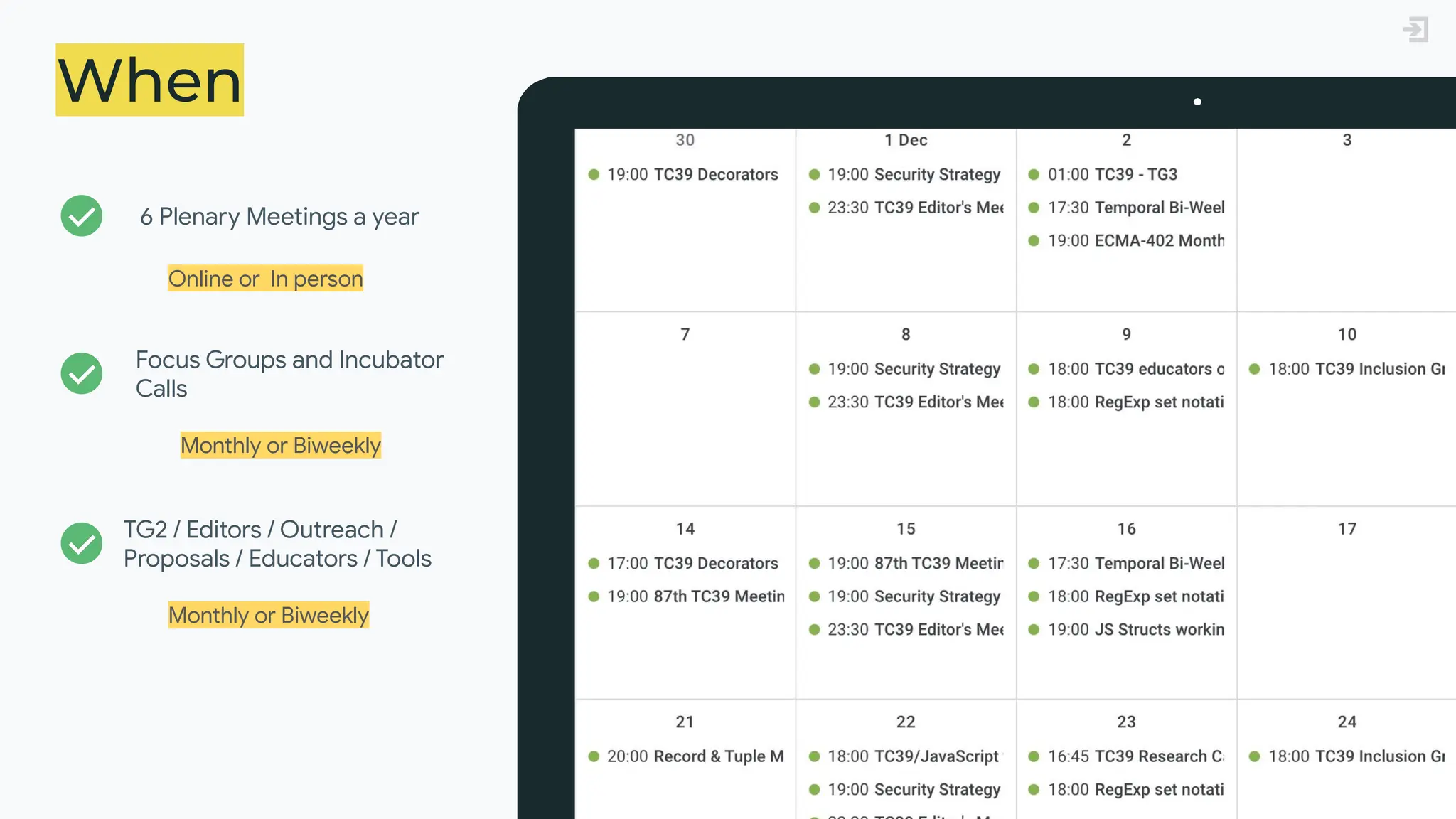 When
6 Plenary Meetings a year
Online or In person
Focus Groups and Incubator
Calls
Monthly or Biweekly
TG2 / Editors / Outreach /
Proposals / Educators / Tools
Monthly or Biweekly
 