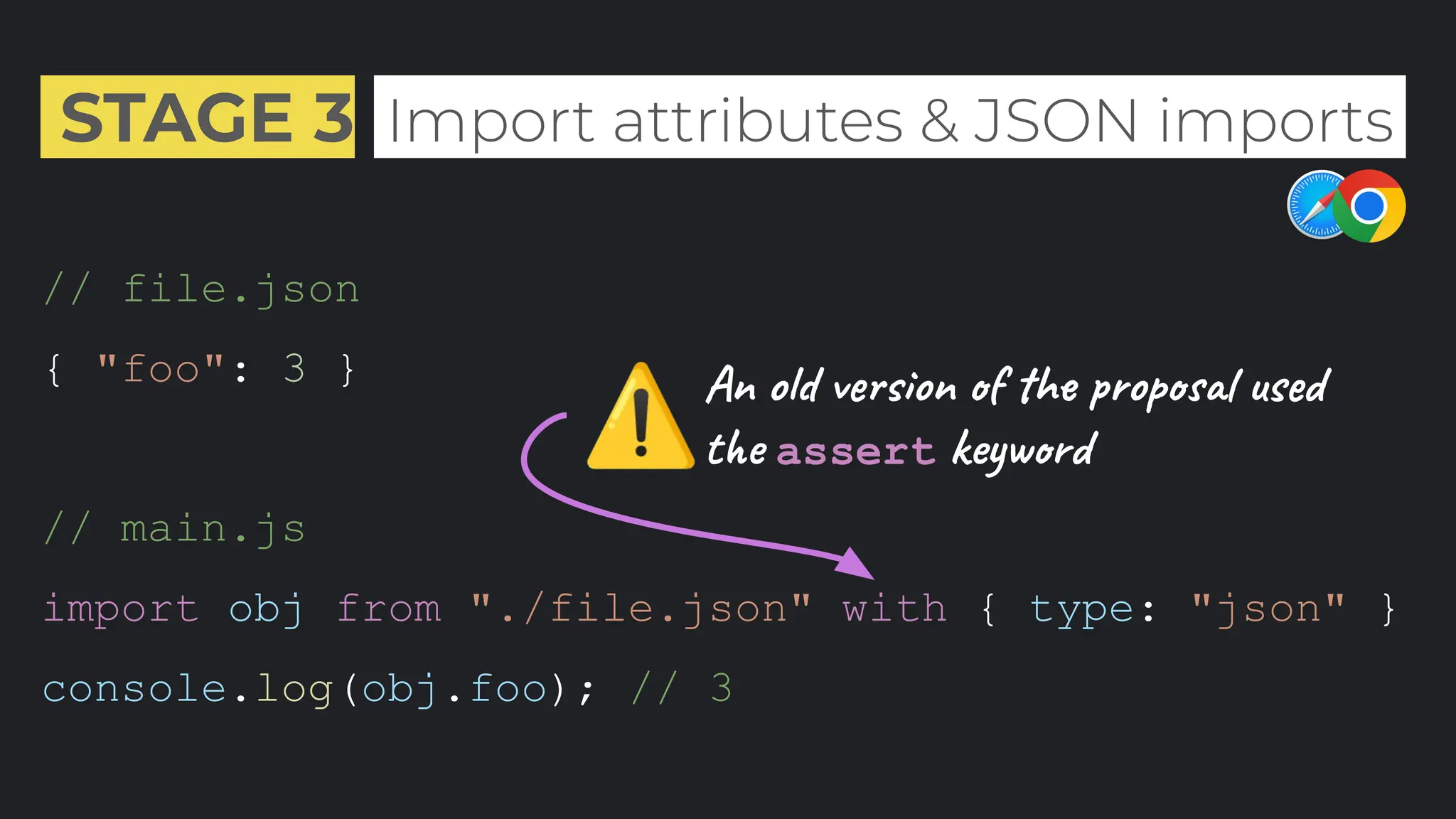 STAGE 3 .Import attributes & JSON imports.
// file.json
{ "foo": 3 }
// main.js
import obj from "./file.json" with { type: "json" }
console.log(obj.foo); // 3
An old version of the proposal used
the assert keyword
⚠
 