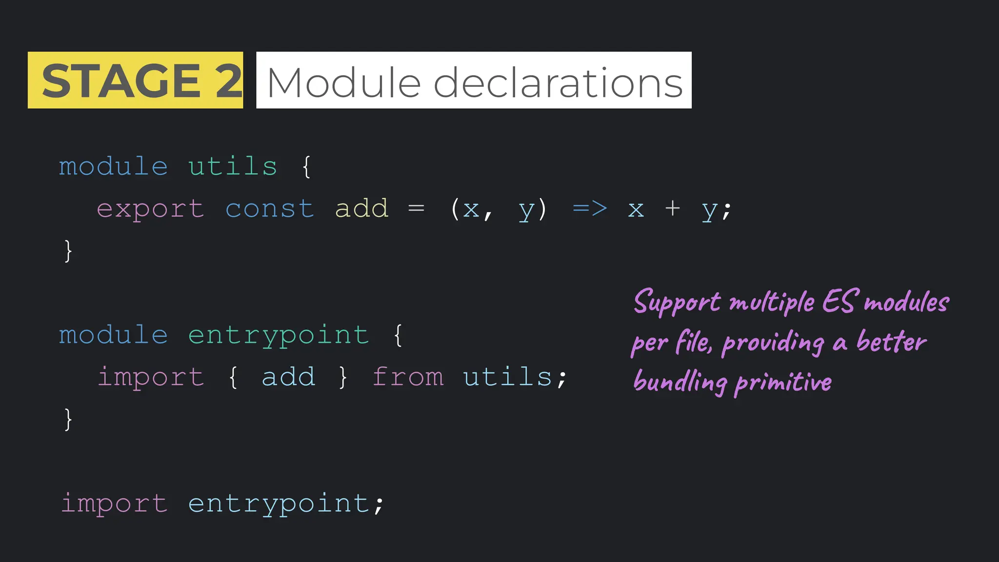 STAGE 2 .Module declarations.
module utils {
export const add = (x, y) => x + y;
}
module entrypoint {
import { add } from utils;
}
import entrypoint;
Support multiple ES modules
per ﬁle, providing a better
bundling primitive
 