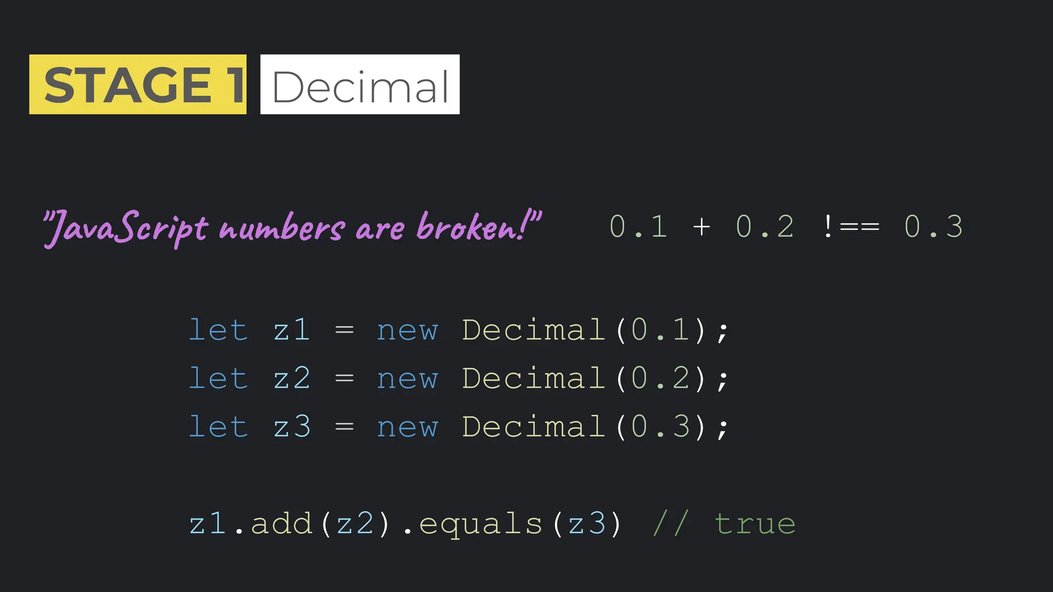 STAGE 1 .Decimal.
"JavaScript numbers are broken!" 0.1 + 0.2 !== 0.3
let z1 = new Decimal(0.1);
let z2 = new Decimal(0.2);
let z3 = new Decimal(0.3);
z1.add(z2).equals(z3) // true
 