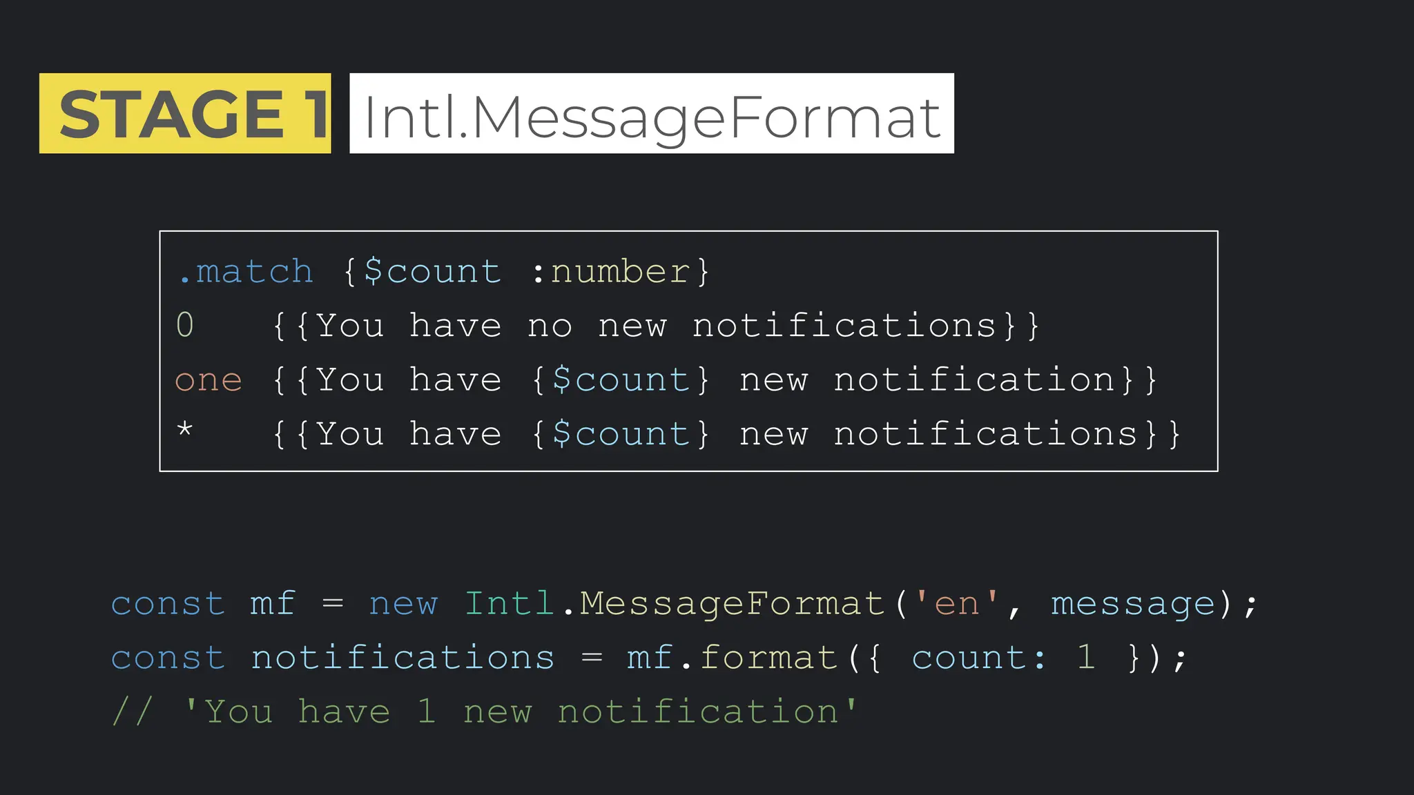 STAGE 1 .Intl.MessageFormat.
.match {$count :number}
0 {{You have no new notifications}}
one {{You have {$count} new notification}}
* {{You have {$count} new notifications}}
const mf = new Intl.MessageFormat('en', message);
const notifications = mf.format({ count: 1 });
// 'You have 1 new notification'
 