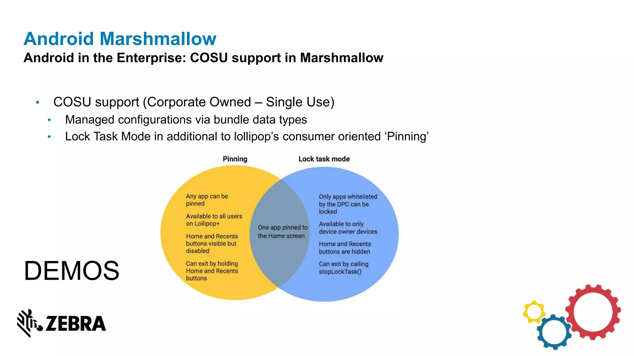 • COSU support (Corporate Owned – Single Use)
• Managed configurations via bundle data types
• Lock Task Mode in additional to lollipop’s consumer oriented ‘Pinning’
DEMOS
Android Marshmallow
Android in the Enterprise: COSU support in Marshmallow
 