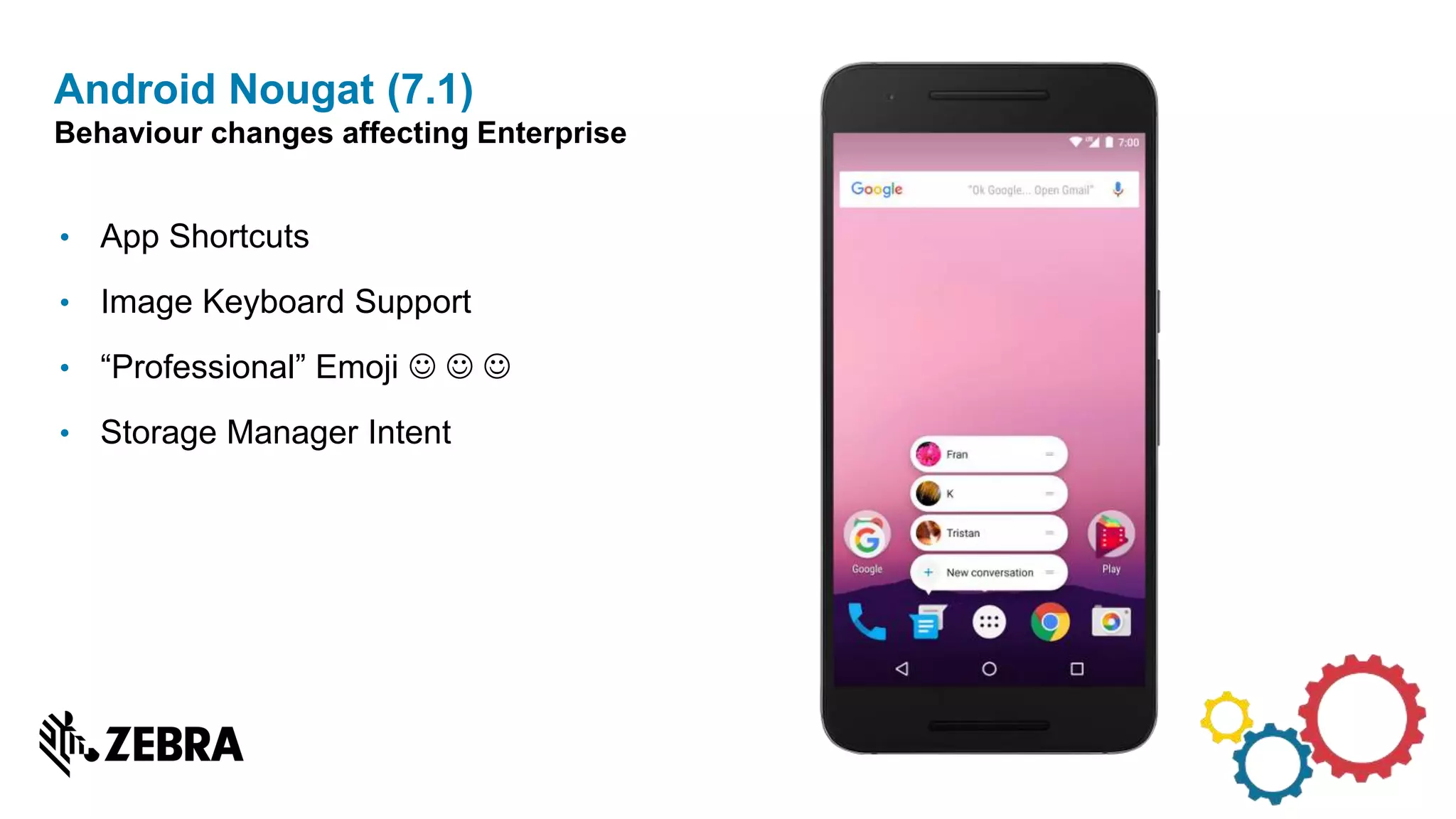 • App Shortcuts
• Image Keyboard Support
• “Professional” Emoji   
• Storage Manager Intent
Android Nougat (7.1)
Behaviour changes affecting Enterprise
 