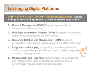 Leveraging Digital Platforms
CMS + MAP + CRM + Context = Increased acquisition. It takes
both platforms and approach to drive improved acquisition

1. Content Management (CMS): Supports personalized
   interactions on the web site
2. Marketing Automation Platform (MAP): Supports personalized
   interactions via outbound digital channels
3. Customer Relationship Management (CRM): Supports
   personalized interactions involving members of the sales team
4. Integration and Mapping: Integrating the three systems to
   create centralized buyer profiles that could then be mapped to
   a defined buying process                                         28

5. Measurement and Reporting: Implementing the dashboards
   and measurement tools necessary to support ongoing
   performance measurement and management
 