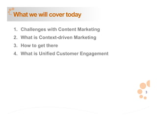 What we will cover today

1. Challenges with Content Marketing
2. What is Context-driven Marketing
3. How to get there
4. What is Unified Customer Engagement




                                         3
 
