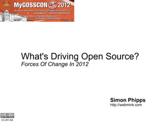 What's Driving Open Source?
           Forces Of Change In 2012




                                      Simon Phipps
                                      http://webmink.com



CC-BY-SA
 