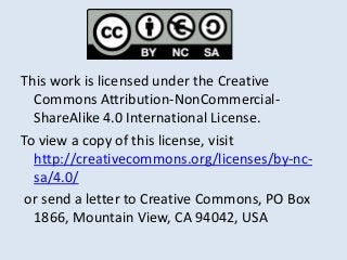 This work is licensed under the Creative
Commons Attribution-NonCommercial-
ShareAlike 4.0 International License.
To view a copy of this license, visit
http://creativecommons.org/licenses/by-nc-
sa/4.0/
or send a letter to Creative Commons, PO Box
1866, Mountain View, CA 94042, USA
 