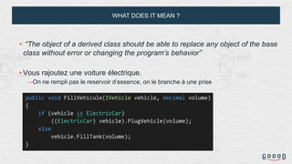 WHAT DOES IT MEAN ?
• “The object of a derived class should be able to replace any object of the base
class without error or changing the program’s behavior”
• Vous rajoutez une voiture électrique.
–On ne rempli pas le reservoir d’essence, on le branche à une prise
 