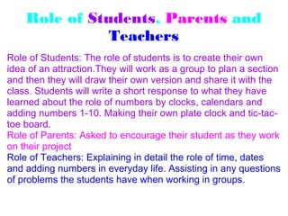 Role of Students, Parents and
Teachers
Role of Students: The role of students is to create their own
idea of an attraction.They will work as a group to plan a section
and then they will draw their own version and share it with the
class. Students will write a short response to what they have
learned about the role of numbers by clocks, calendars and
adding numbers 1-10. Making their own plate clock and tic-tac-
toe board.
Role of Parents: Asked to encourage their student as they work
on their project
Role of Teachers: Explaining in detail the role of time, dates
and adding numbers in everyday life. Assisting in any questions
of problems the students have when working in groups.
 
