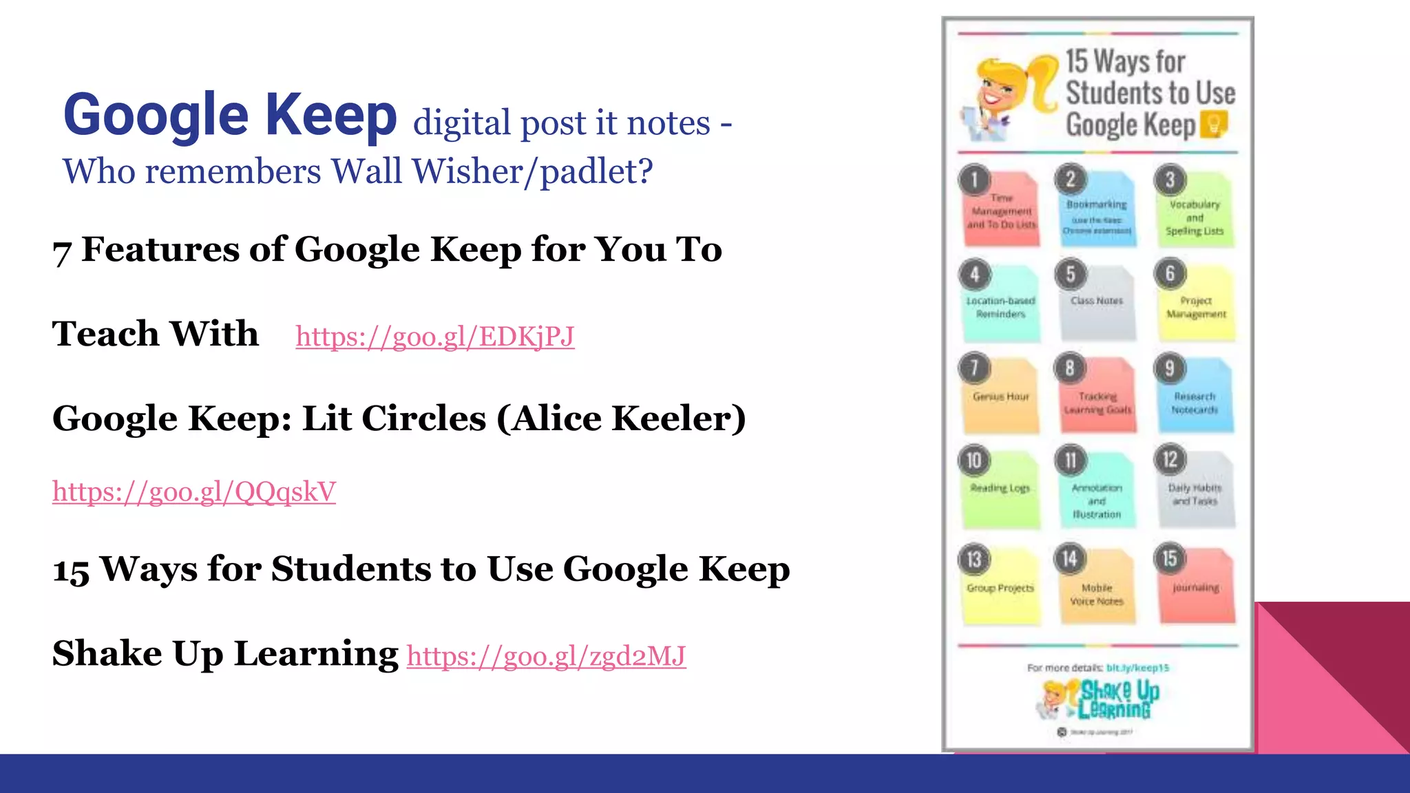 Google Keep digital post it notes -
Who remembers Wall Wisher/padlet?
7 Features of Google Keep for You To
Teach With https://goo.gl/EDKjPJ
Google Keep: Lit Circles (Alice Keeler)
https://goo.gl/QQqskV
15 Ways for Students to Use Google Keep
Shake Up Learning https://goo.gl/zgd2MJ
 