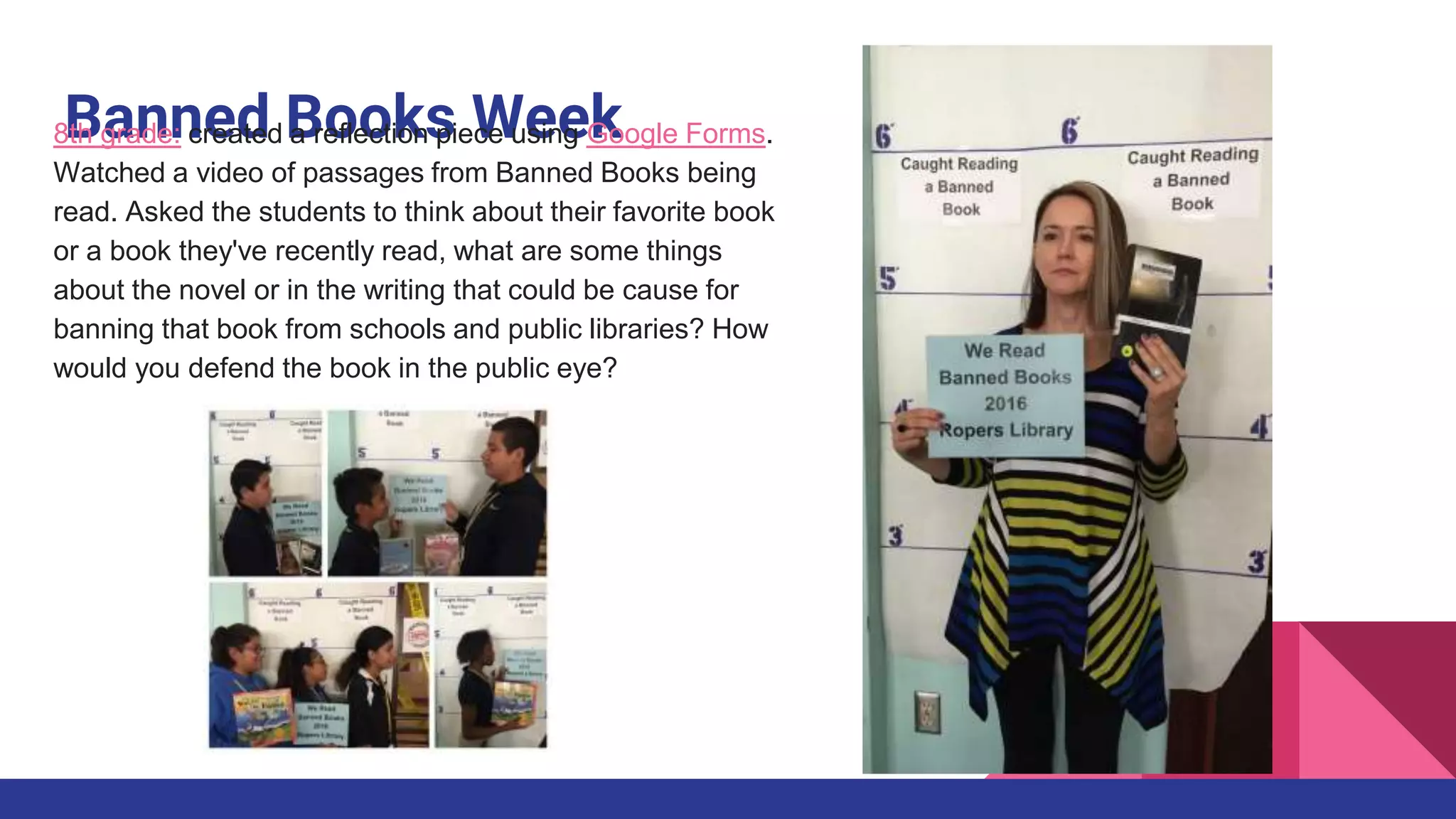 Banned Books Week8th grade: created a reflection piece using Google Forms.
Watched a video of passages from Banned Books being
read. Asked the students to think about their favorite book
or a book they've recently read, what are some things
about the novel or in the writing that could be cause for
banning that book from schools and public libraries? How
would you defend the book in the public eye?
 