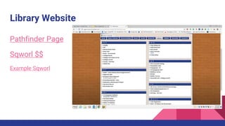 Library Website
Pathfinder Page
Sqworl $$
Example Sqworl
 