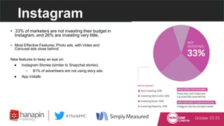 Instagram
• 33% of marketers are not investing their budget in
Instagram, and 26% are investing very little.
• Most Effect...