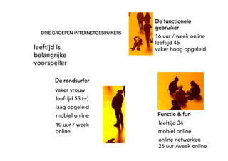 30

                                         De functionele
                                         gebruiker
       DRIE GROEPEN INTERNETGEBRUIKERS
                                         16 uur / week online
                                         leeftijd 45
     leeftijd is                         vaker hoog opgeleid
     belangrijke
     voorspeller

                    De rondsurfer
                    vaker vrouw
                     leeftijd 55 (+)
                     laag opgeleid
                     mobiel online       Functie & fun
                     10 uur / week        leeftijd 34
                     online               mobiel online
                                          online netwerken
       Ruigrok | NetPanel - 2010
                                          26 uur /week online
 