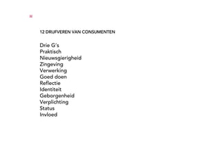 32




     12 DRIJFVEREN VAN CONSUMENTEN


     Drie G’s
     Praktisch
     Nieuwsgierigheid
     Zingeving
     Verwerking
     Goed doen
     Reflectie
     Identiteit
     Geborgenheid
     Verplichting
     Status
     Invloed
 