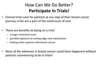 Conclusions
• Incredibly exciting work going on in breast
cancer research
– New targets
– Advances for all subtypes
– Movi...