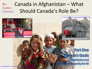 Canada in Afghanistan – What Should Canada’s Role Be? http://www.cbc.ca/canada/story/2009/02/10/f-afghanistan.html http://www.cbc.ca/canada/story/2009/02/10/f-afghanistan.html http://afghanistan-canada-solidarity.org/files/images/TF%201-08%20019-REDUCED.jpg B y :   Lindsey  Christina 