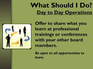 What Should I Do?
Day to Day Operations
Offer to share what you
learn at professional
trainings or conferences
with your other board
members.
Be open to all opportunities to
learn.
 