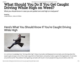 4/24/2021 What Should You Do If You Get Caught Driving While High on Weed?
https://cannabis.net/blog/opinion/what-should-you-do-if-you-get-caught-driving-while-high-on-weed 3/15
What Should You Do If You Get Caught
Driving While High on Weed?
What you should know in case you are pulled over and high on marijuana?
Posted by:
Joseph Billions , today at 12:00am
Here’s What You Should Know If You’re Caught Driving
While High
It is common knowledge that "driving while high" (https://cannabis.net/blog/opinion/cannabis-and-driving-what-the-
experts-get-wrong) is one of the major arguments of lawmakers and policy makers against the legalization of cannabis
around the world. They believe that legalizing cannabis will result in more people driving around while under the
 