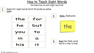 How to Teach Sight Words
Print list 1 sight words (first 10 words) on yellow
paper
Make flashcards
Read the flash cards
one at a time to kids
Introduction of each sight word list
© 2021 reading2success.com
1.
2.
3.
 