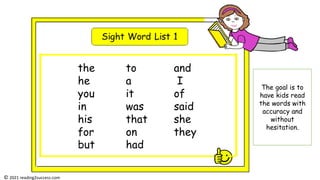 the to and
he a I
you it of
in was said
his that she
for on they
but had
© 2021 reading2success.com
The goal is to
have kids read
the words with
accuracy and
without
hesitation.
 