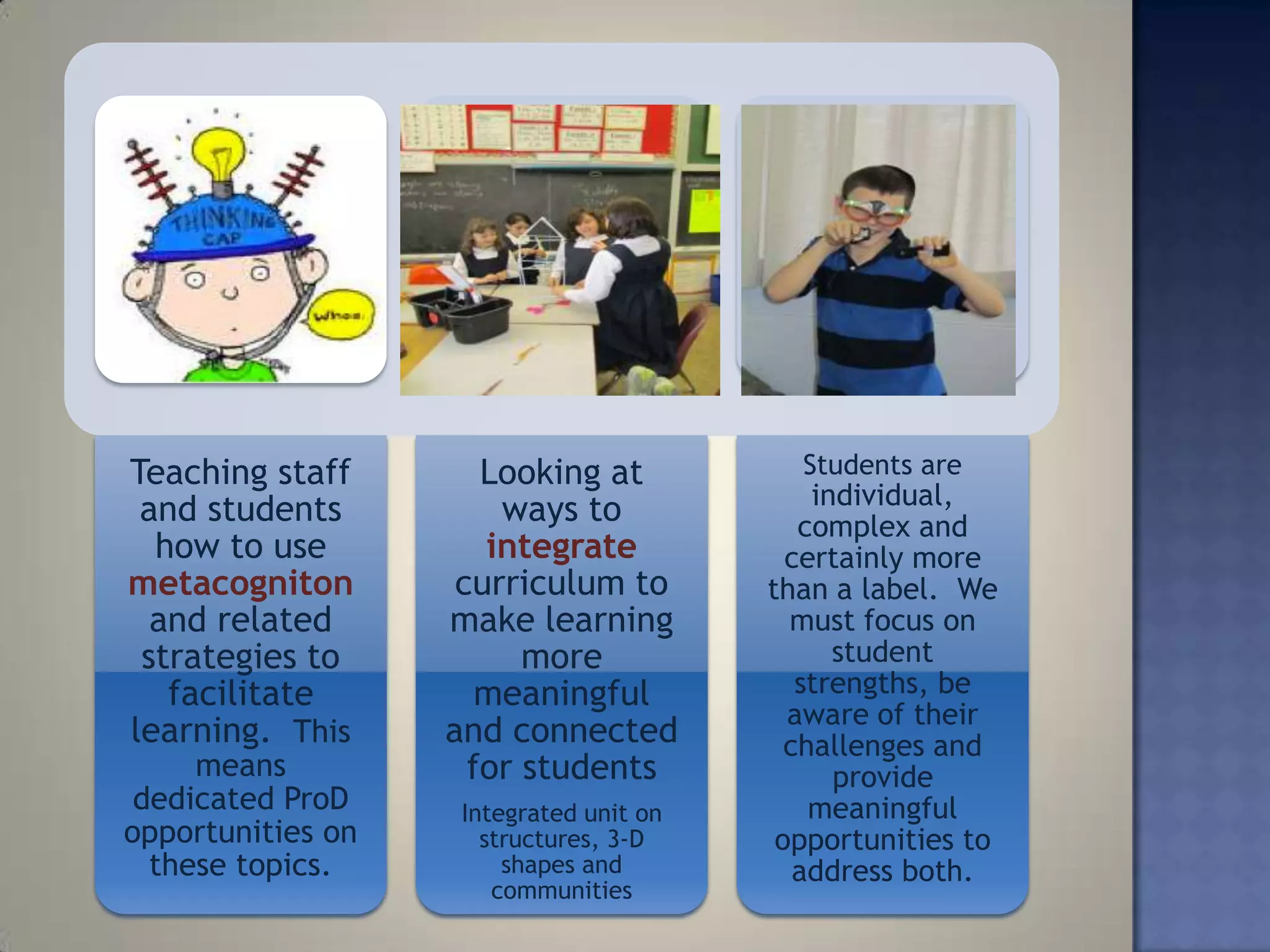 Teaching staff        Looking at          Students are
                                            individual,
 and students          ways to             complex and
  how to use          integrate           certainly more
metacogniton        curriculum to       than a label. We
  and related      make learning          must focus on
 strategies to           more                 student
   facilitate         meaningful           strengths, be
                                          aware of their
learning. This     and connected          challenges and
     means           for students             provide
 dedicated ProD    Integrated unit on       meaningful
opportunities on     structures, 3-D     opportunities to
  these topics.        shapes and          address both.
                      communities
 