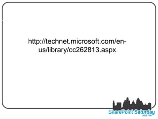 LARGE LISTS – MORE INFORMATION

       http://technet.microsoft.com/en-
           us/library/cc262813.aspx
 