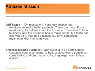 © 2014 – Quadralay Corporation© 2013 – Quadralay Corporation© 2013 – Quadralay Corporation
5
Amazon Mission
Jeff Bezos – “On motivation: "I strongly believe that
missionaries make better products. They care more. For a
missionary, it's not just about the business. There has to be a
business, and the business has to make sense, but that's not
why you do it. You do it because you have something
meaningful that motivates you.“
Amazons Mission Statement - “Our vision is to be earth's most
customer-centric company; to build a place where people can
come to find and discover anything they might want to buy
online.”
 