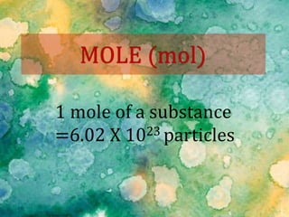 1 mole of a substance
=6.02 X 1023 particles
 