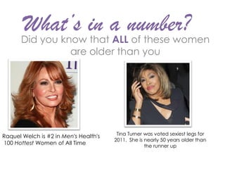What’s in a number?
      Did you know that ALL of these women
                         are older than you




                                        Tina Turner was voted sexiest legs for
Raquel Welch is #2 in Men's Health's
                                       2011. She is nearly 50 years older than
100 Hottest Women of All Time                       the runner up
 