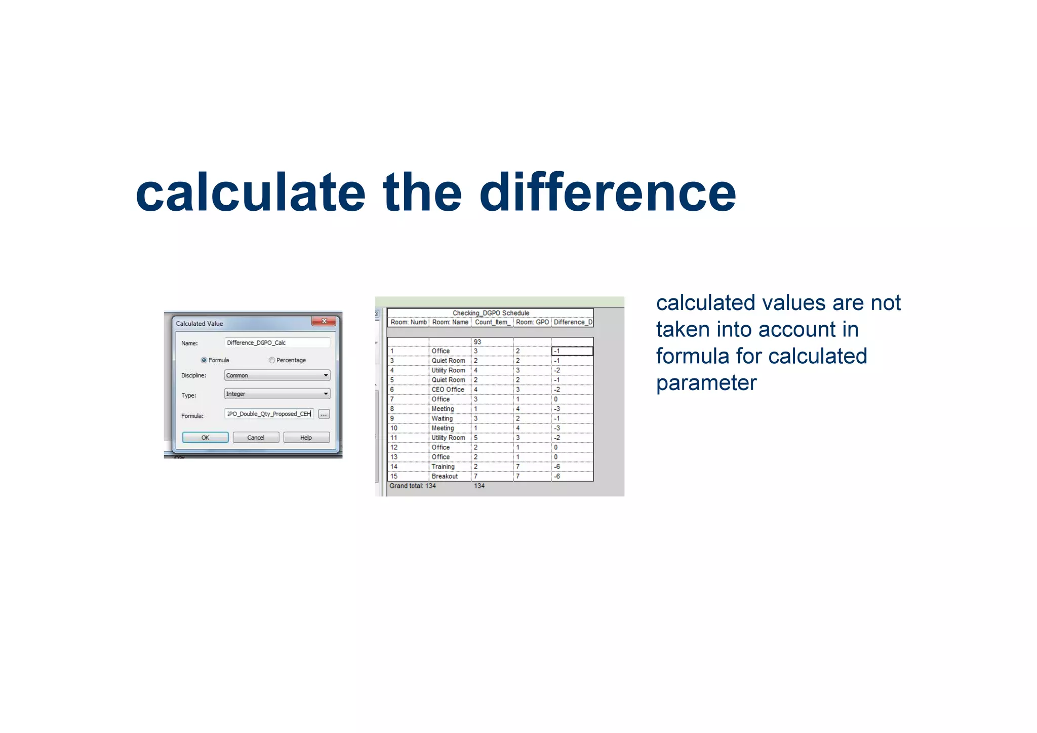 calculated values are not
taken into account in
formula for calculated
parameter
calculate the difference
 