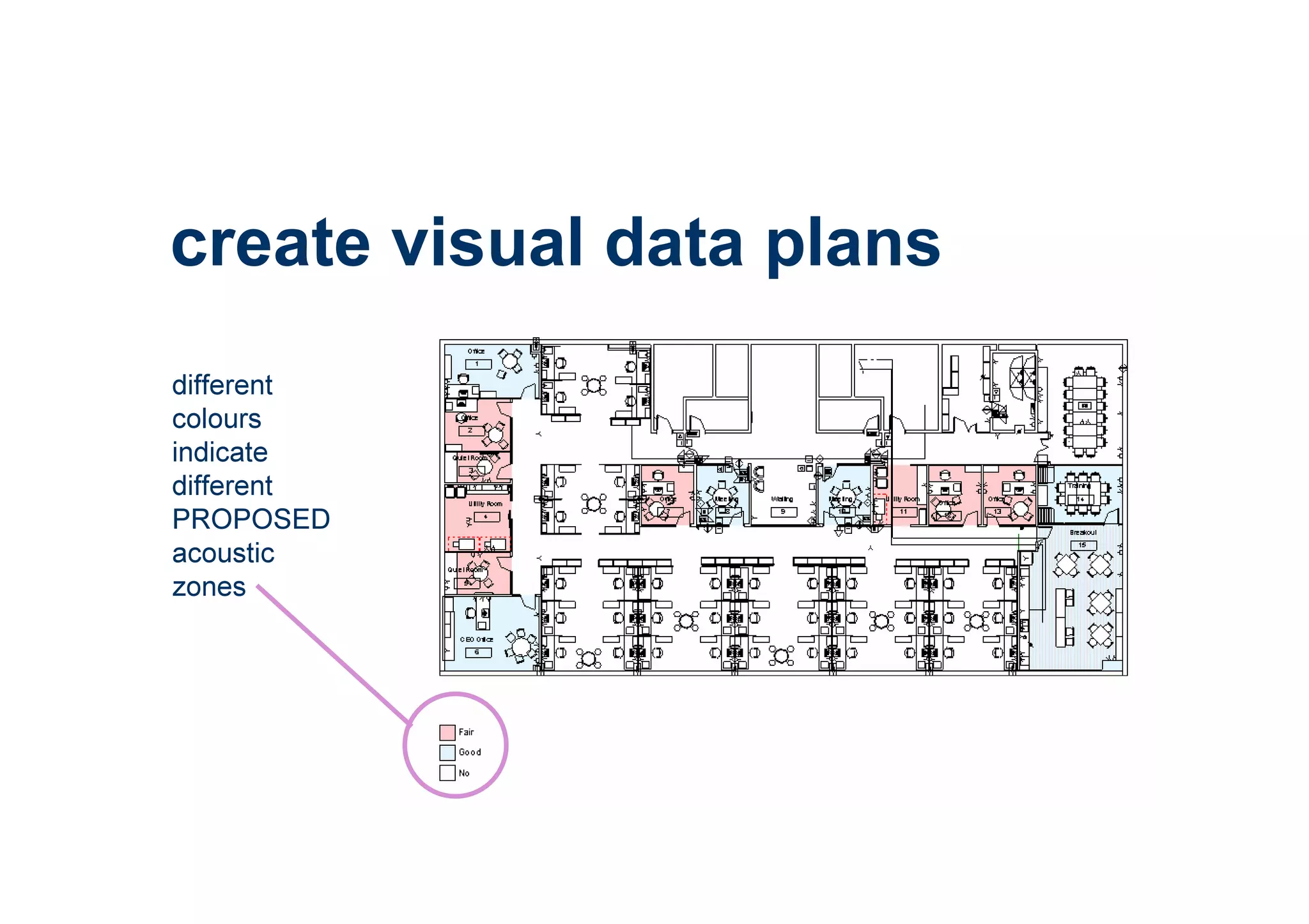 create visual data plans
different
colours
indicate
different
PROPOSED
acoustic
zones
 