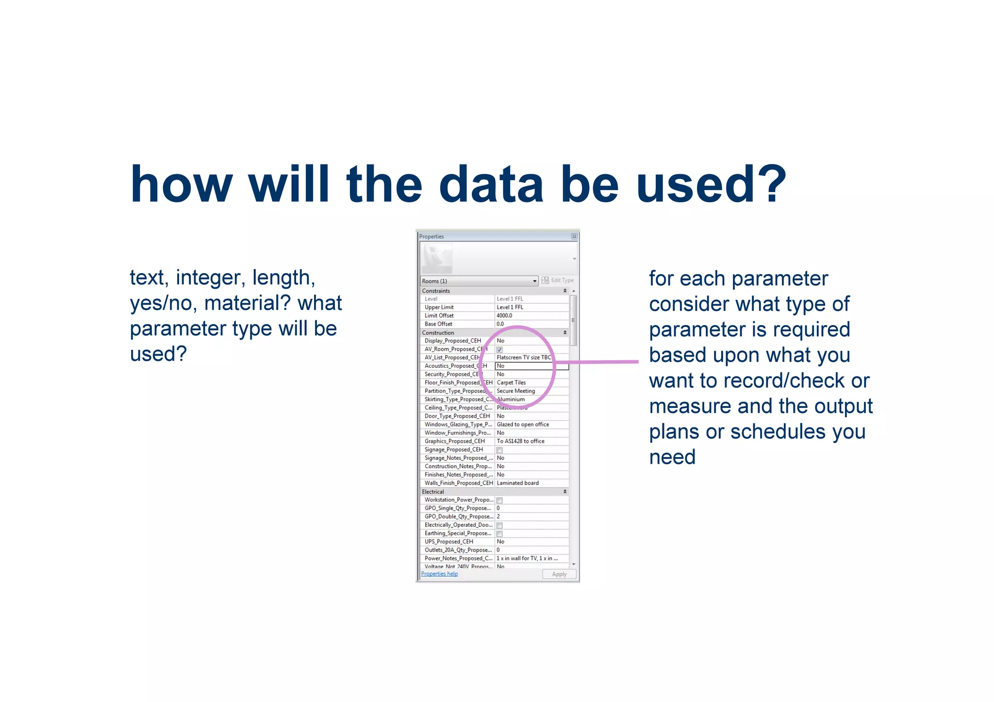 how will the data be used?
text, integer, length,
yes/no, material? what
parameter type will be
used?
for each parameter
consider what type of
parameter is required
based upon what you
want to record/check or
measure and the output
plans or schedules you
need
 