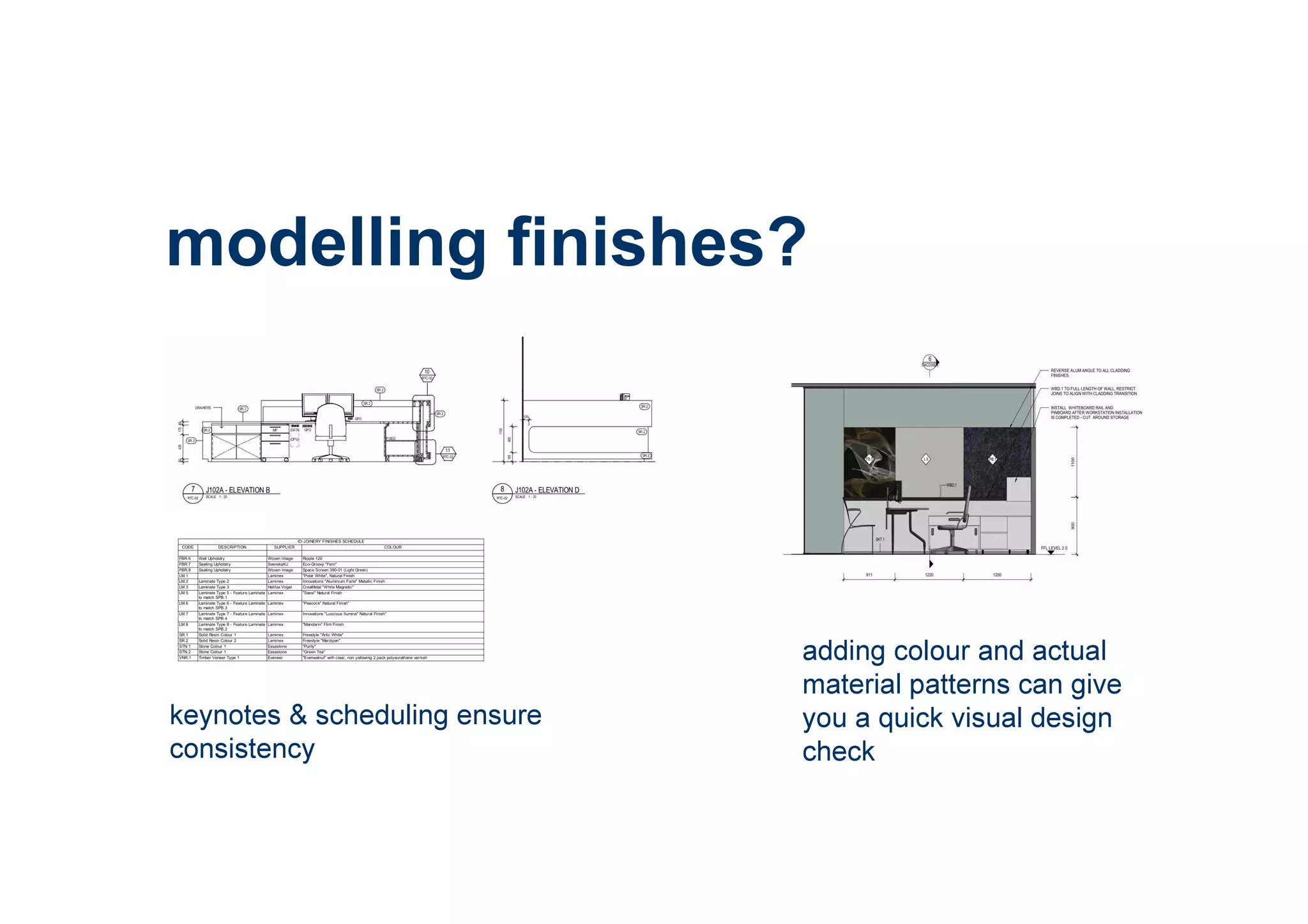 modelling finishes?
keynotes & scheduling ensure
consistency
adding colour and actual
material patterns can give
you a quick visual design
check
 