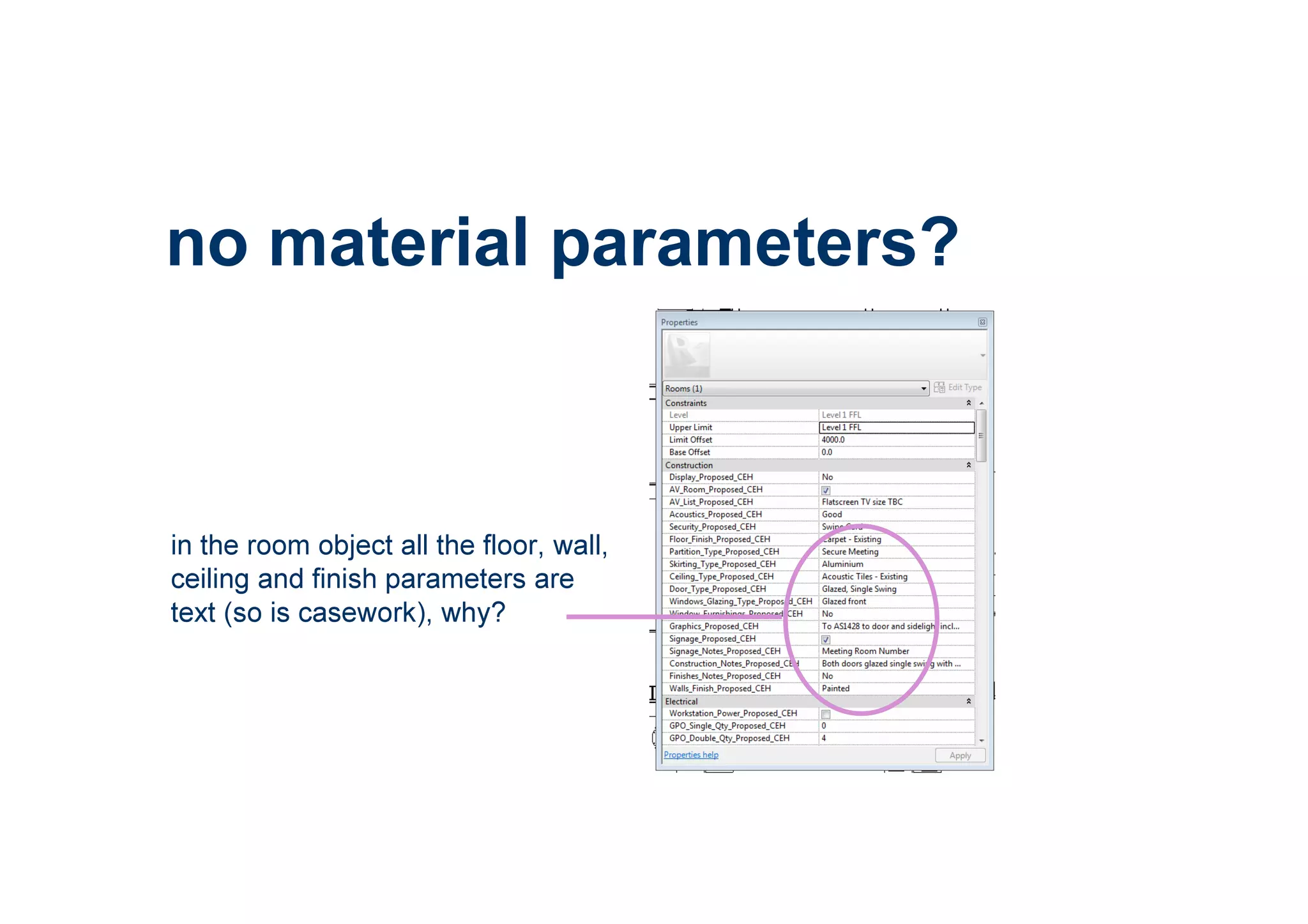 no material parameters?
in the room object all the floor, wall,
ceiling and finish parameters are
text (so is casework), why?
 