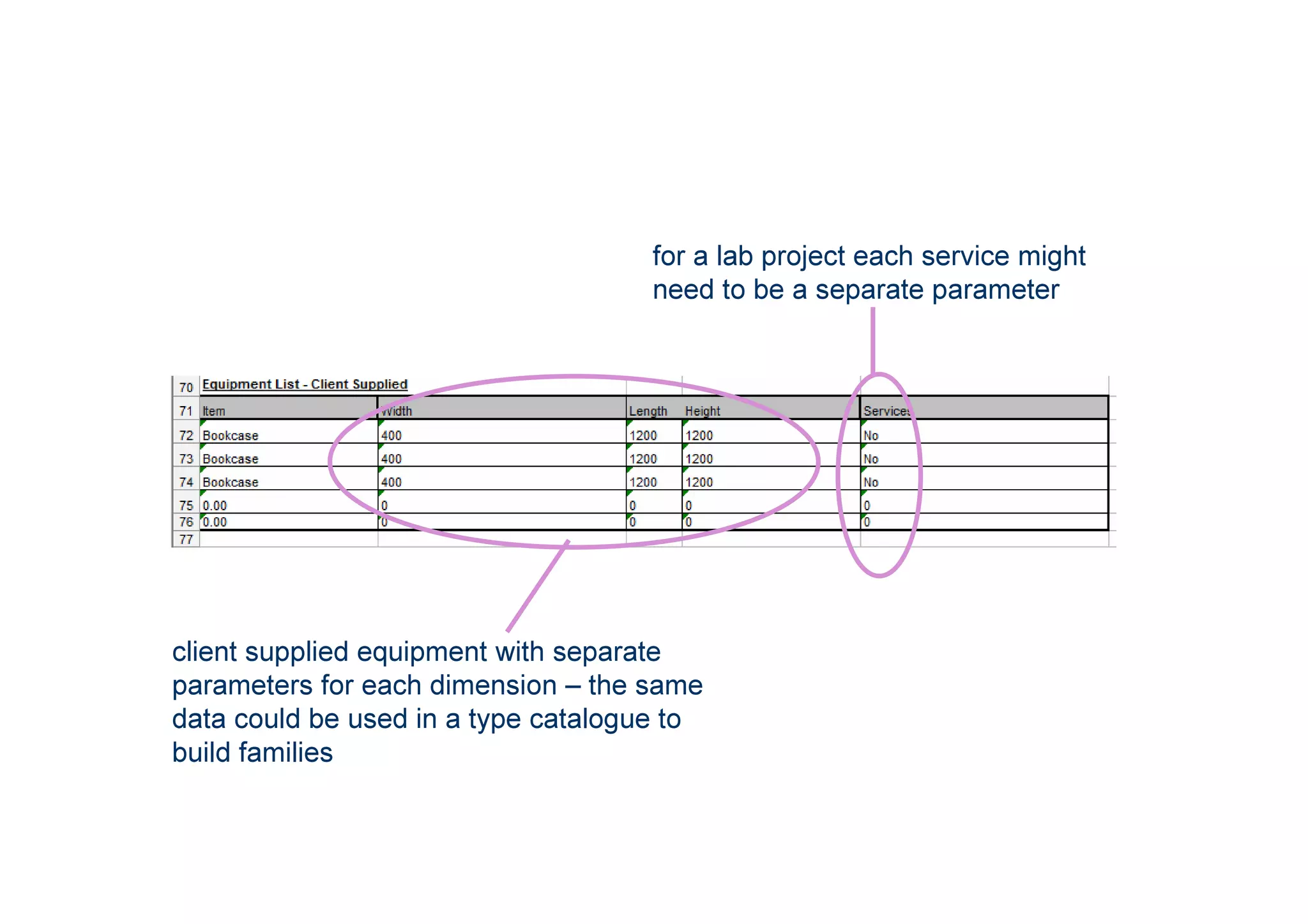 client supplied equipment with separate
parameters for each dimension – the same
data could be used in a type catalogue to
build families
for a lab project each service might
need to be a separate parameter
 