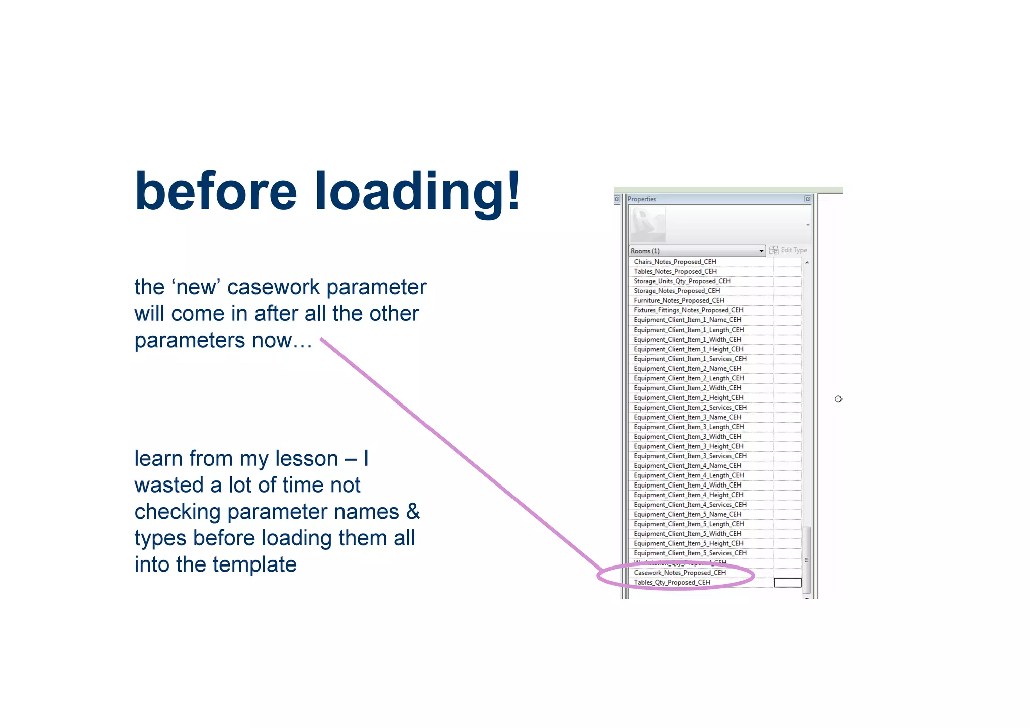 before loading!
the ‘new’ casework parameter
will come in after all the other
parameters now
learn from my lesson – I
wasted a lot of time not
checking parameter names &
types before loading them all
into the template
 
