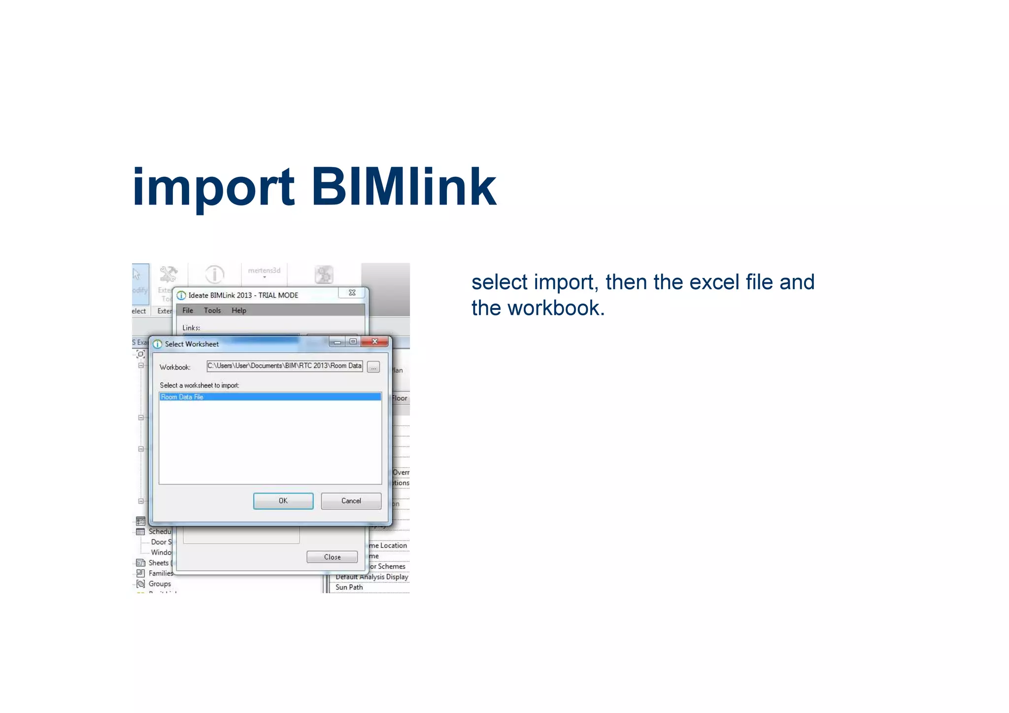 import BIMlink
select import, then the excel file and
the workbook.
 
