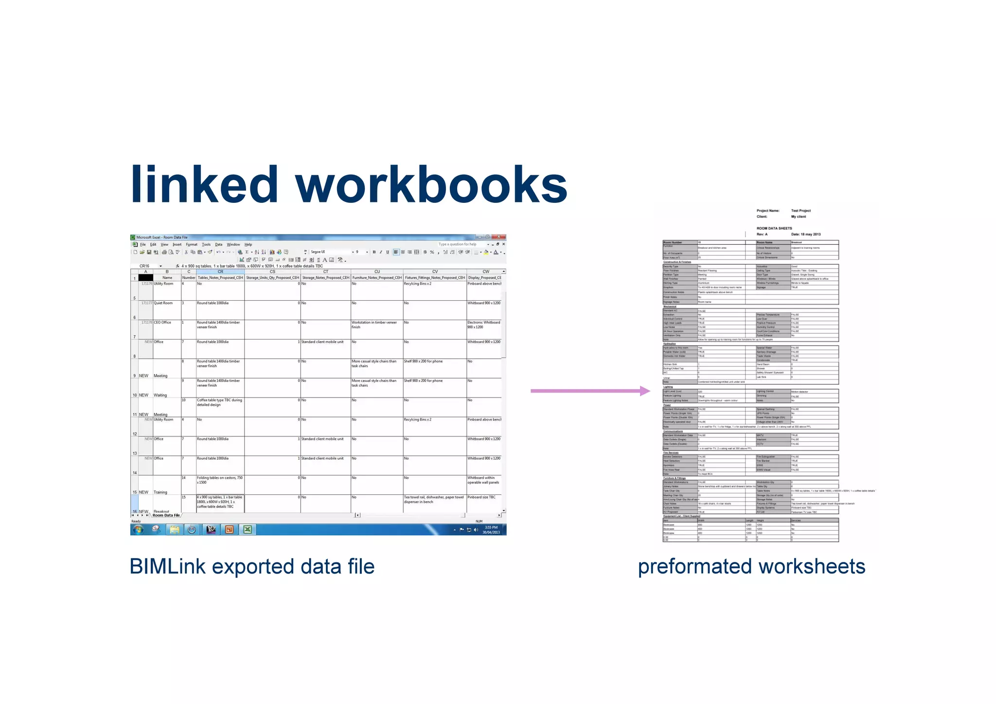 linked workbooks
BIMLink exported data file preformated worksheets
 