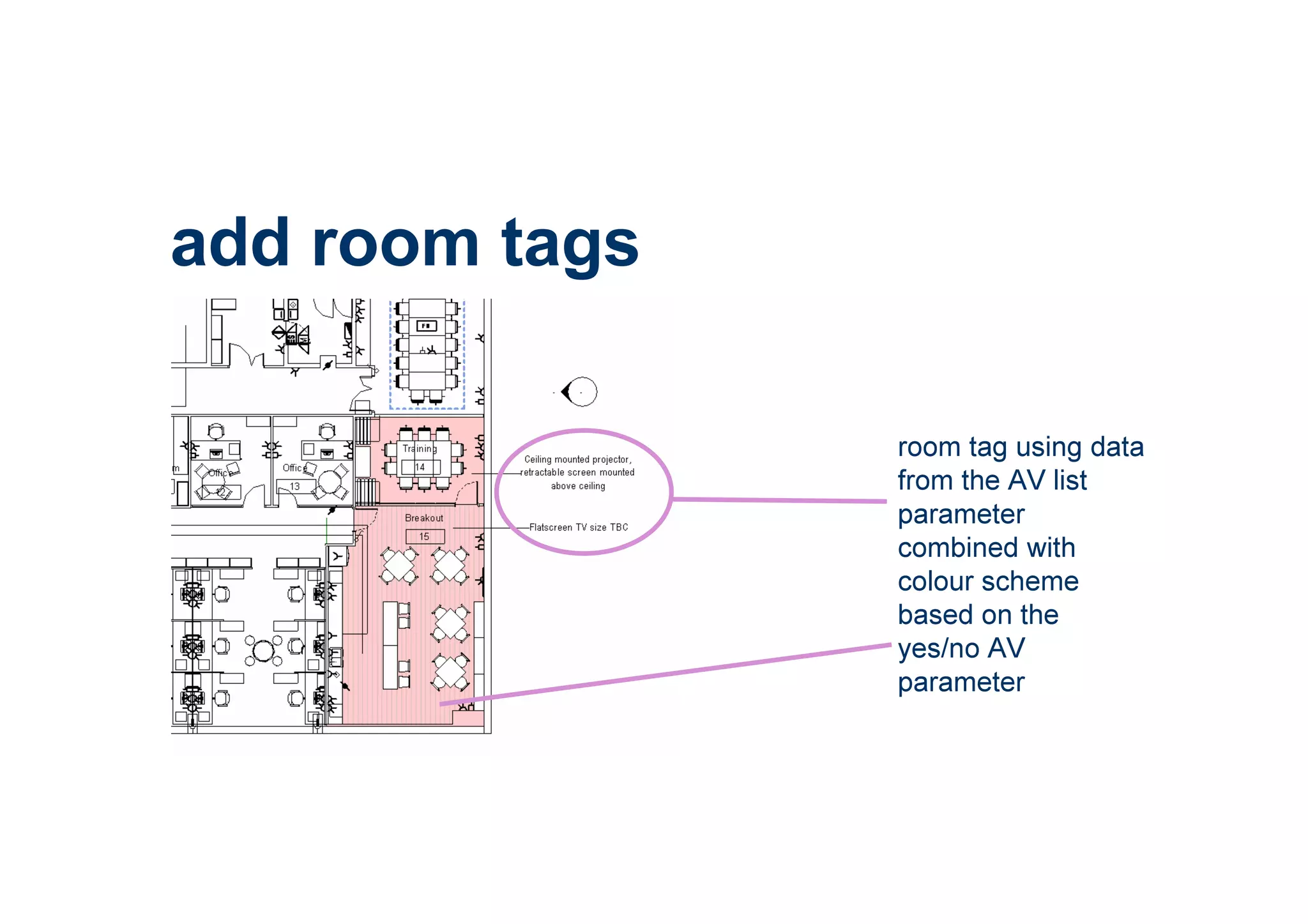 add room tags
room tag using data
from the AV list
parameter
combined with
colour scheme
based on the
yes/no AV
parameter
 