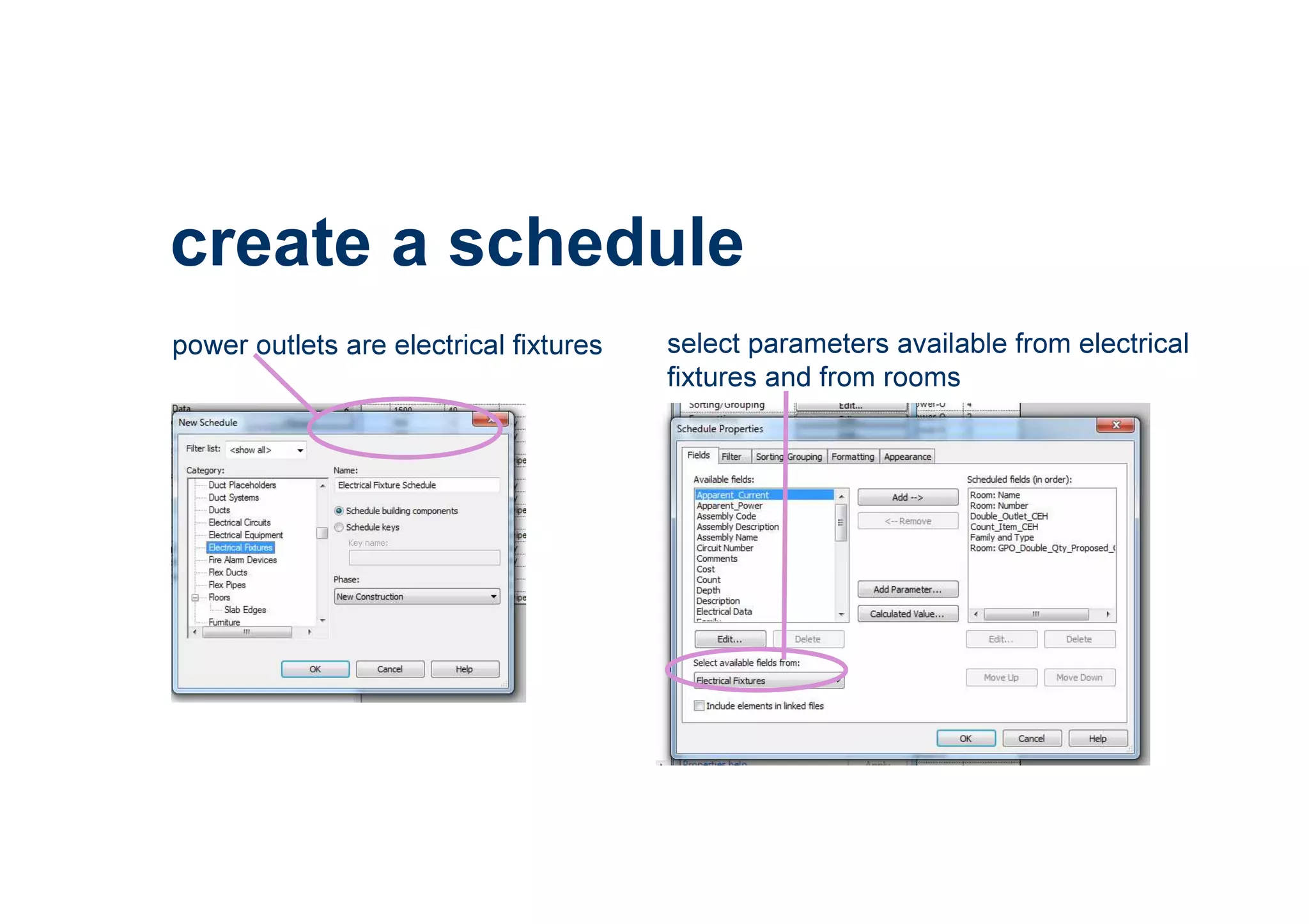 create a schedule
power outlets are electrical fixtures select parameters available from electrical
fixtures and from rooms
 
