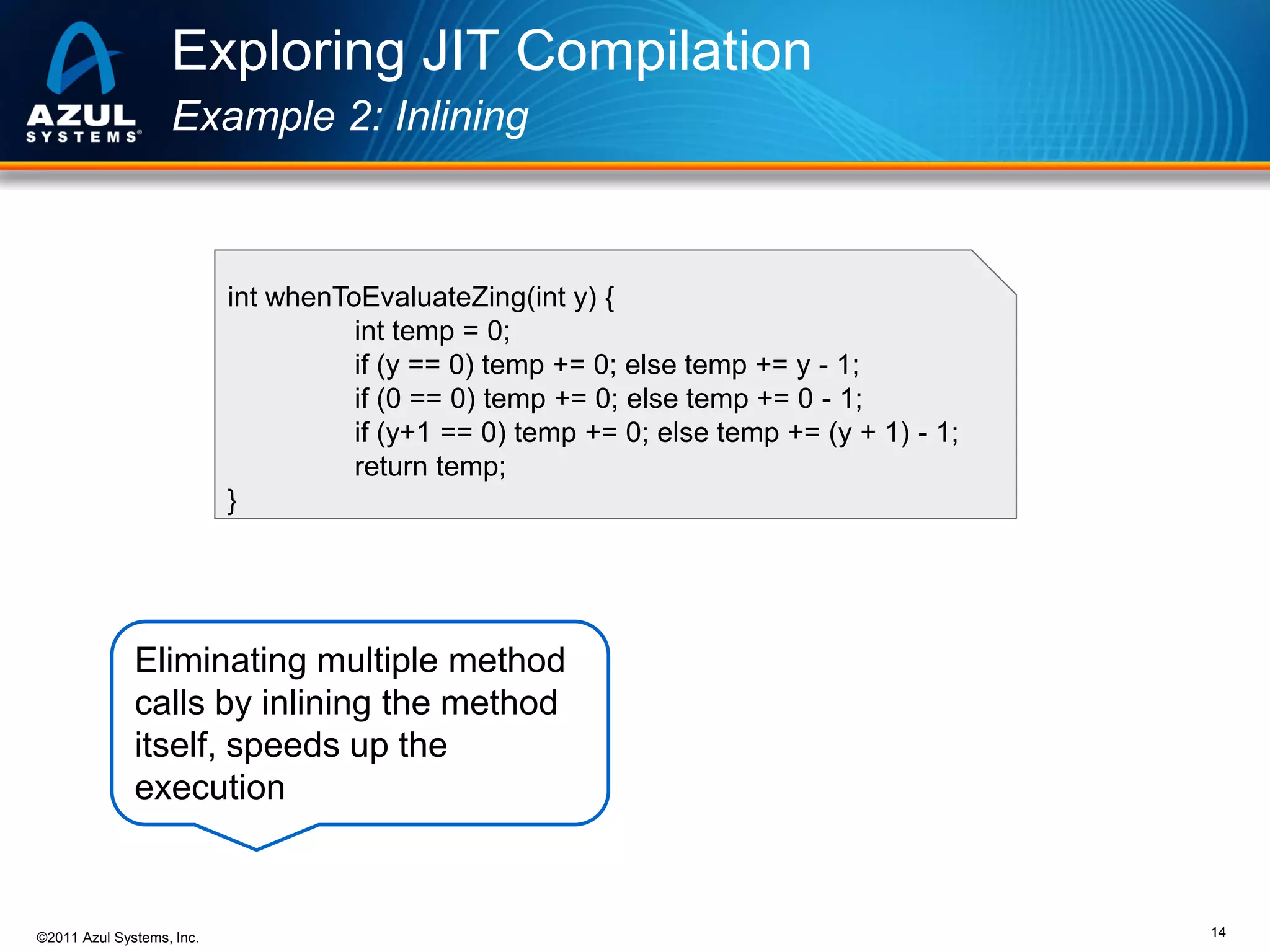 Exploring JIT Compilation
Example 2: Inlining

int whenToEvaluateZing(int y) {
int temp = 0;
if (y == 0) temp += 0; else temp += y - 1;
if (0 == 0) temp += 0; else temp += 0 - 1;
if (y+1 == 0) temp += 0; else temp += (y + 1) - 1;
return temp;
}

Eliminating multiple method
calls by inlining the method
itself, speeds up the
execution

©2011 Azul Systems, Inc.

14

 
