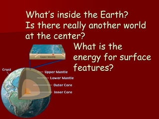 What’s inside the Earth?
Is there really another world
at the center?
What is the
energy for surface
features?
 