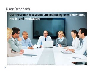 User Research
User Research focuses on understanding user behaviours,
needs, and motivations
Credit: http://lerablog.org/business/the-role-of-moderator-in-conducting-focus-groups/
 