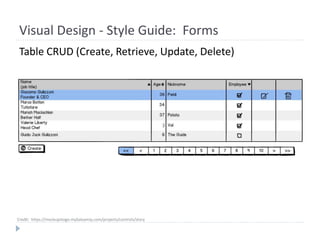 Visual Design - Style Guide: Forms
Table CRUD (Create, Retrieve, Update, Delete)
Credit: https://mockupstogo.mybalsamiq.com/projects/controls/story
 