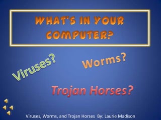 Viruses, Worms, and Trojan Horses By: Laurie Madison
 