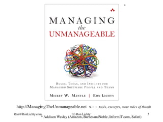 http://ManagingTheUnmanageable.net <-----tools, excerpts, more rules of thumb
* Addison Wesley (Amazon, BarnesandNoble, InformIT.com, Safari)
*
5Ron@RonLichty.com (c) Ron Lichty:
 
