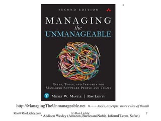 * Addison Wesley (Amazon, BarnesandNoble, InformIT.com, Safari)
http://ManagingTheUnmanageable.net <-----tools, excerpts, more rules of thumb
*
7Ron@RonLichty.com (c) Ron Lichty:
 